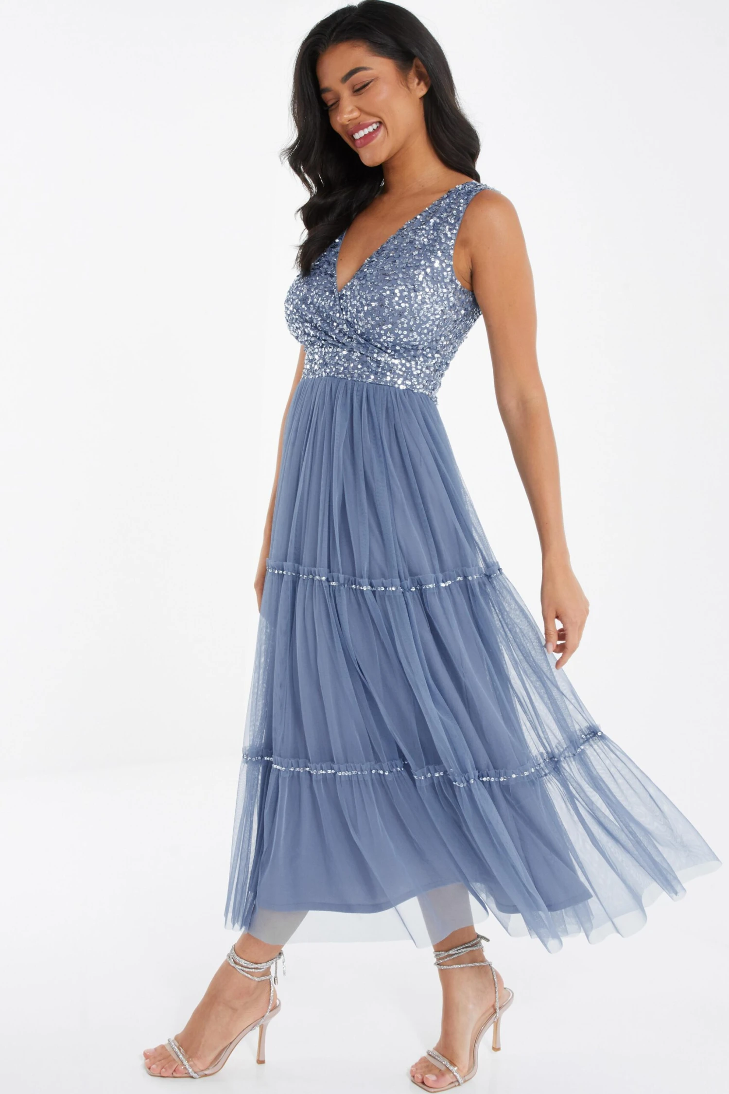 Blue Sequin Tulle Midi Dress 4 Blue Sequin Tulle Midi Dress - Image 4
