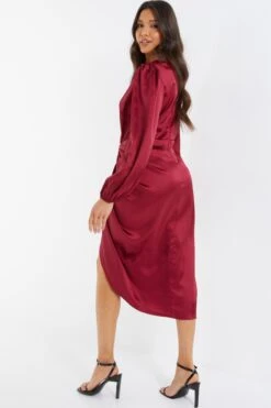 Berry Satin Long Sleeve Ruched Midi Dress -Women Clothing Sales Store 00100036676 XB