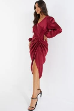 Berry Satin Long Sleeve Ruched Midi Dress -Women Clothing Sales Store 00100036676 XS