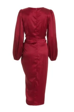 Berry Satin Long Sleeve Ruched Midi Dress -Women Clothing Sales Store 00100036676 ZB
