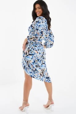 Blue Smudge Print Ruched Midi Dress 8 Blue Smudge Print Ruched Midi Dress -Women Clothing Sales Store 00100036685 XB