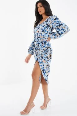 Blue Smudge Print Ruched Midi Dress 9 Blue Smudge Print Ruched Midi Dress -Women Clothing Sales Store 00100036685 XS