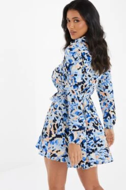 Blue Smudge Print Mini Shirt Dress 8 Blue Smudge Print Mini Shirt Dress -Women Clothing Sales Store 00100036686 XB