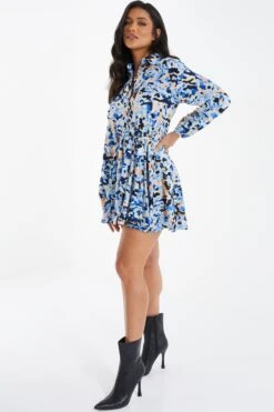 Blue Smudge Print Mini Shirt Dress 9 Blue Smudge Print Mini Shirt Dress -Women Clothing Sales Store 00100036686 XS