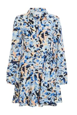 Blue Smudge Print Mini Shirt Dress