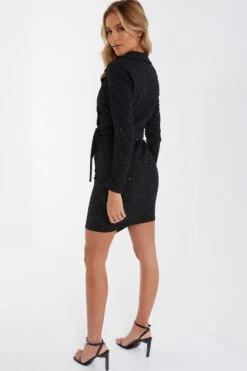 Black Glitter Tuxedo Mini Dress -Women Clothing Sales Store 00100036703 XB