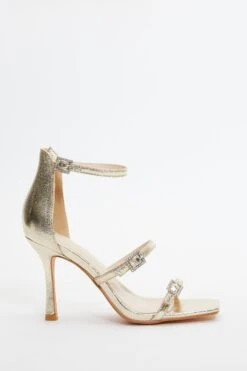 Gold Foil Strappy Buckle Heeled Sandals -Women Clothing Sales Store 00100036743 XM