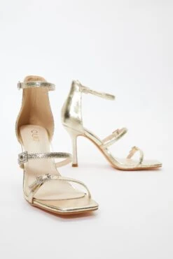 Gold Foil Strappy Buckle Heeled Sandals -Women Clothing Sales Store 00100036743 XS