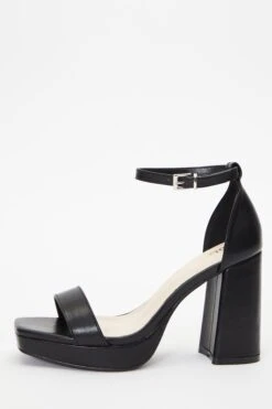 Black Faux Leather Platform Heeled Sandals