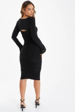 Black Knot Ruched Bodycon Midi Dress 8 Black Knot Ruched Bodycon Midi Dress -Women Clothing Sales Store 00100036800 XB