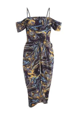 Petite Gold Marble Print Cold Shoulder Midi Dress