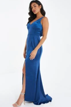Navy Satin Maxi Dress -Women Clothing Sales Store 00100036820 XS