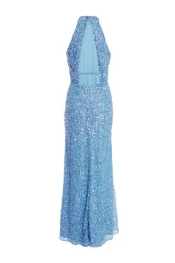 Blue Sequin Halter Neck Fishtail Maxi Dress 10 Blue Sequin Halter Neck Fishtail Maxi Dress -Women Clothing Sales Store 00100036823 ZB