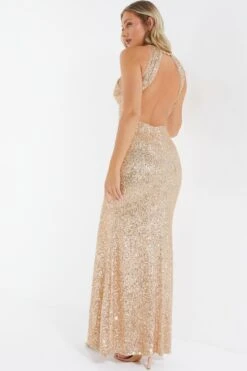 Rose Gold Sequin Halter Neck Fishtail Maxi Dress -Women Clothing Sales Store 00100036824 XB