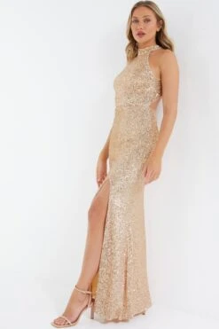 Rose Gold Sequin Halter Neck Fishtail Maxi Dress -Women Clothing Sales Store 00100036824 XS