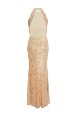 Rose Gold Sequin Halter Neck Fishtail Maxi Dress -Women Clothing Sales Store 00100036824 ZB