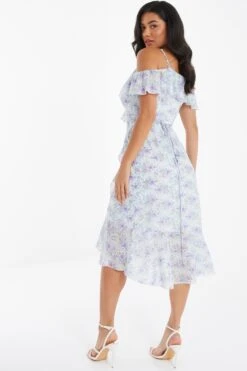 White Floral Cold Shoulder Wrap Midi Dress -Women Clothing Sales Store 00100036831 XB