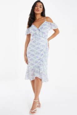 White Floral Cold Shoulder Wrap Midi Dress -Women Clothing Sales Store 00100036831 XM