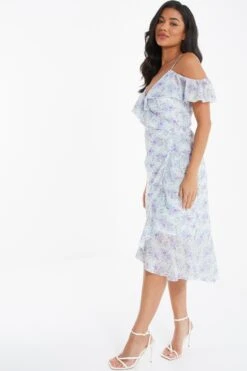 White Floral Cold Shoulder Wrap Midi Dress -Women Clothing Sales Store 00100036831 XS