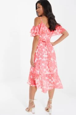 Coral Floral Cold Shoulder Wrap Midi Dress -Women Clothing Sales Store 00100036834 XB