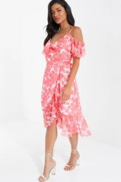 Coral Floral Cold Shoulder Wrap Midi Dress -Women Clothing Sales Store 00100036834 XS