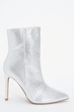 Silver Diamante Ankle Heeled Boots -Women Clothing Sales Store 00100036890 XM