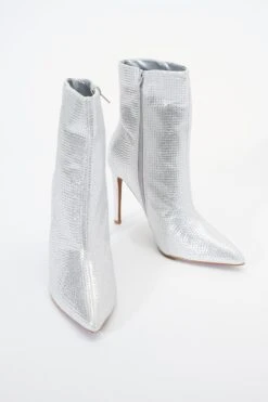 Silver Diamante Ankle Heeled Boots -Women Clothing Sales Store 00100036890 XS