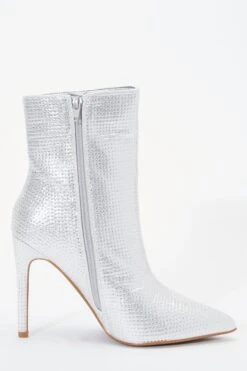 Silver Diamante Ankle Heeled Boots -Women Clothing Sales Store 00100036890 ZS