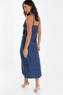 Navy Satin Wrap Floral Midi Dress -Women Clothing Sales Store 00100036916 XB