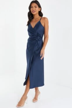 Navy Satin Wrap Floral Midi Dress -Women Clothing Sales Store 00100036916 XS