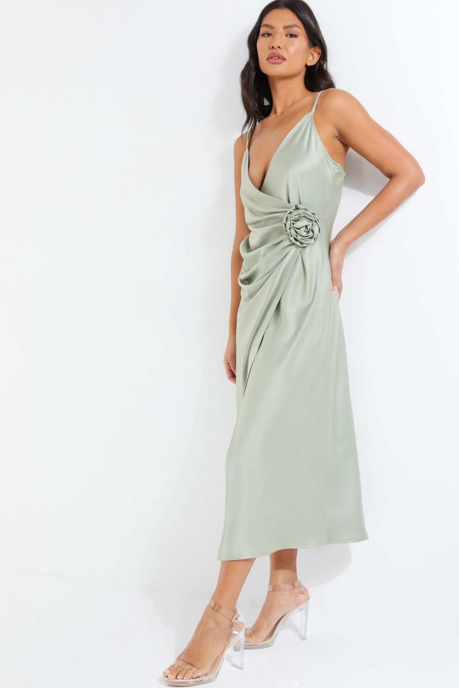 Sage Satin Wrap Floral Midi Dress 4 Sage Satin Wrap Floral Midi Dress - Image 4