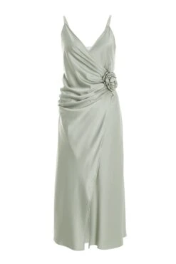 Sage Satin Wrap Floral Midi Dress