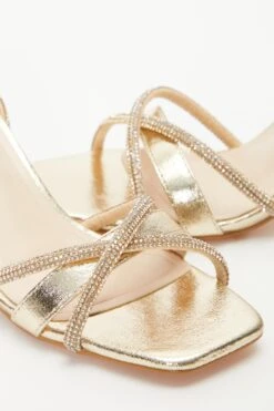 Gold Foil Diamante Block Heeled Sandals -Women Clothing Sales Store 00100036975 ZB