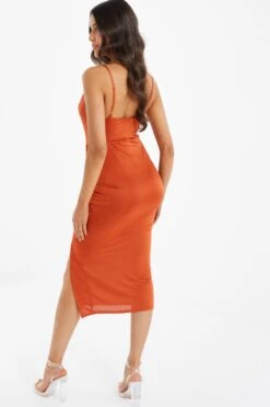 Rust Ruched Bodycon Midi Dress -Women Clothing Sales Store 00100036988 XB