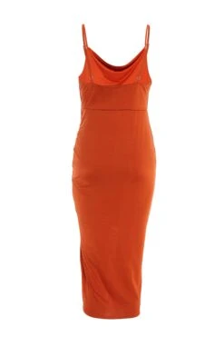 Rust Ruched Bodycon Midi Dress -Women Clothing Sales Store 00100036988 ZB