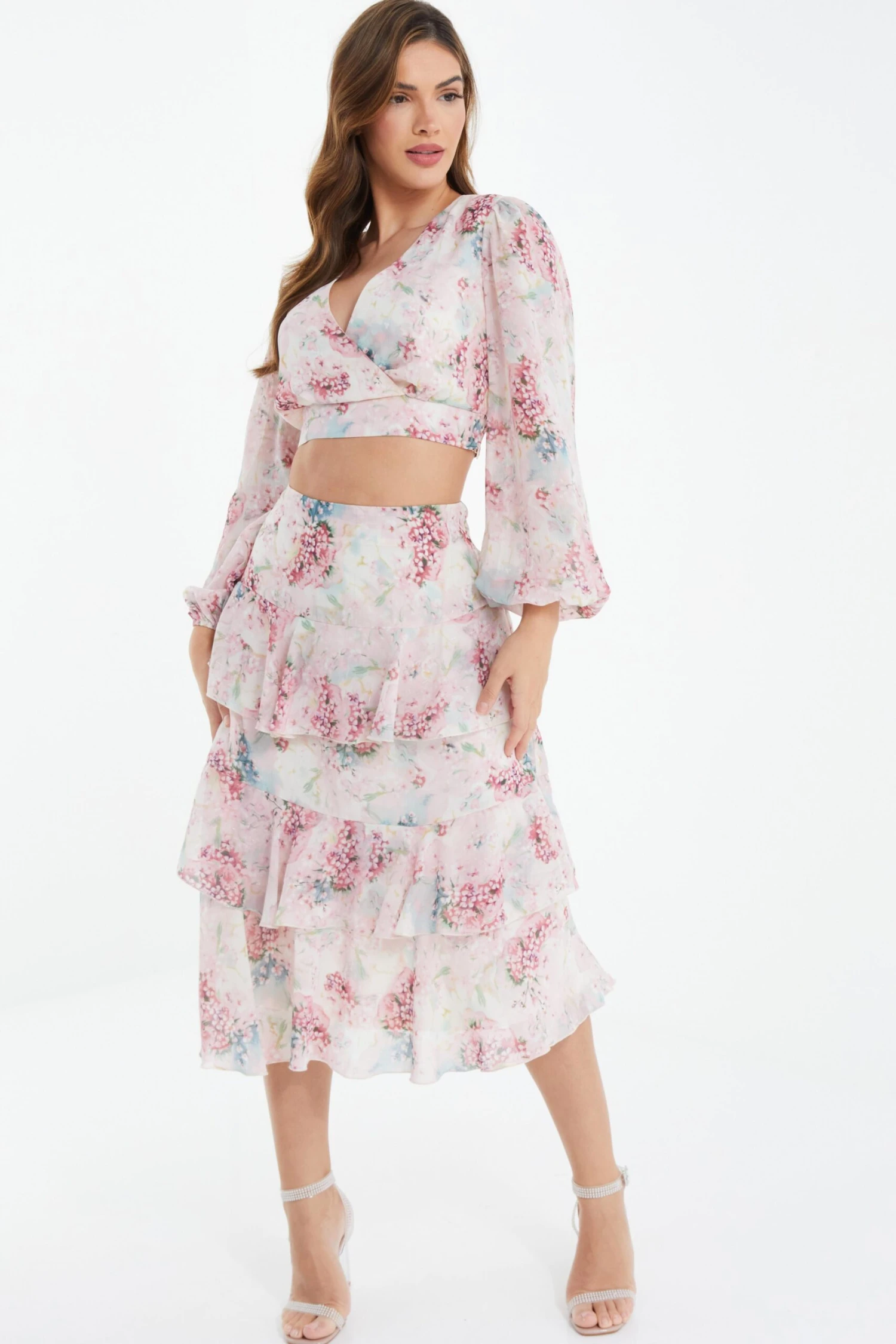 Light Pink Chiffon Floral Tiered Midi Skirt 2 Light Pink Chiffon Floral Tiered Midi Skirt - Image 2