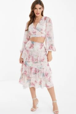 Light Pink Chiffon Floral Tiered Midi Skirt 9 Light Pink Chiffon Floral Tiered Midi Skirt -Women Clothing Sales Store 00100037025 XS