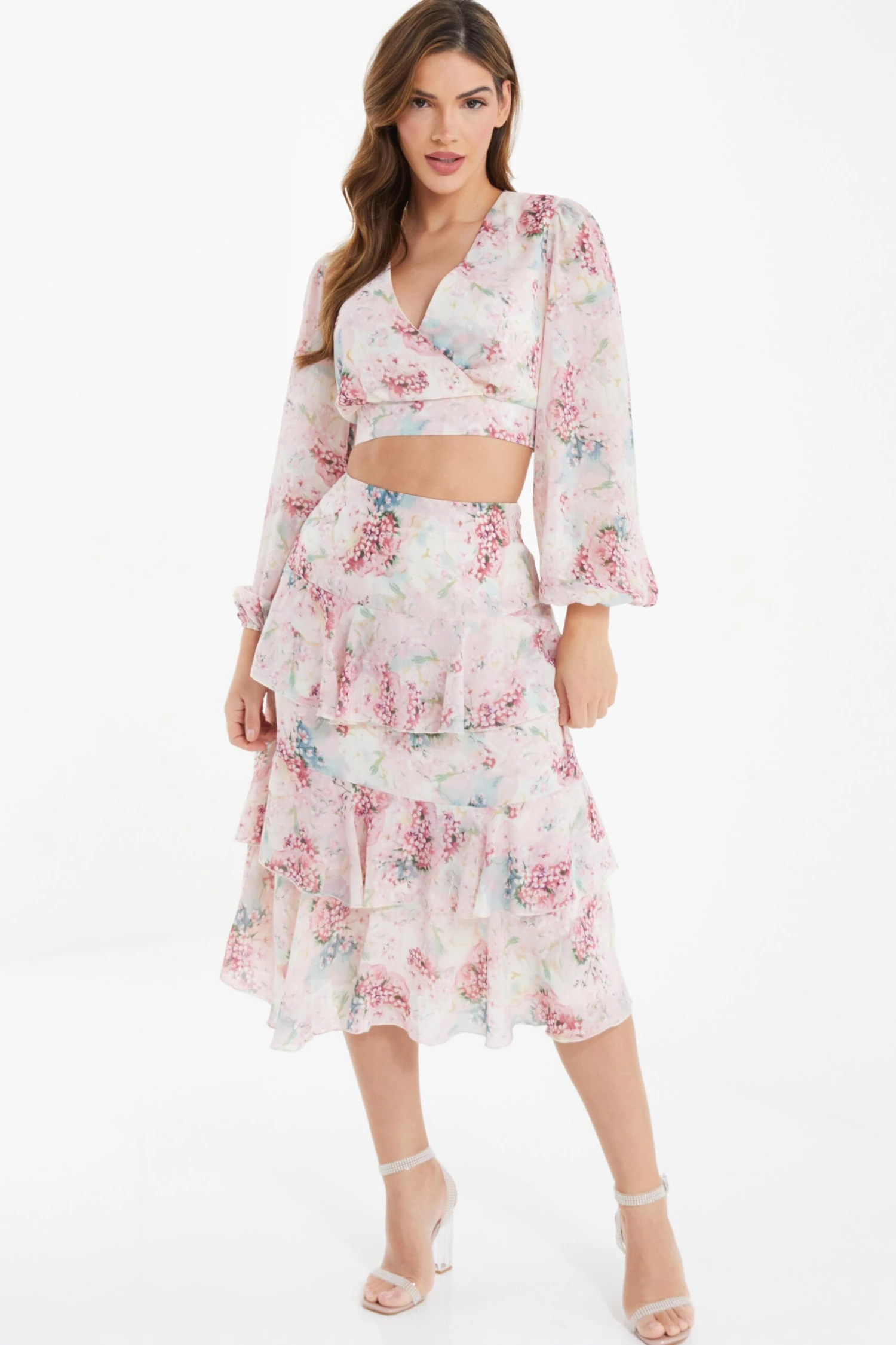 Light Pink Chiffon Floral Tiered Midi Skirt 4 Light Pink Chiffon Floral Tiered Midi Skirt - Image 4