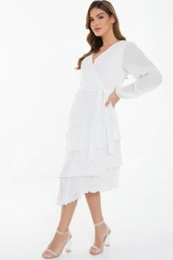 White Chiffon Crinkle Wrap Midi Dress -Women Clothing Sales Store 00100037029 XS