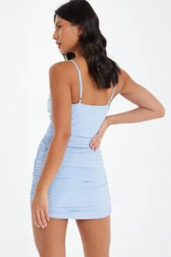 Blue Tie Front Ruched Bodycon Mini Dress -Women Clothing Sales Store 00100037044 XB