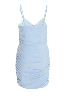 Blue Tie Front Ruched Bodycon Mini Dress -Women Clothing Sales Store 00100037044 ZB