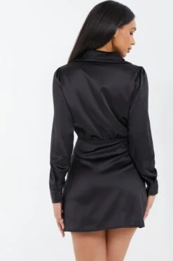 Black Satin Button Mini Shirt Dress -Women Clothing Sales Store 00100037097 XB
