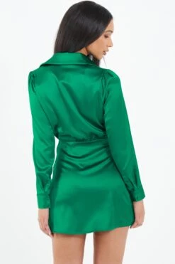Green Satin Button Mini Shirt Dress 8 Green Satin Button Mini Shirt Dress -Women Clothing Sales Store 00100037100 XB