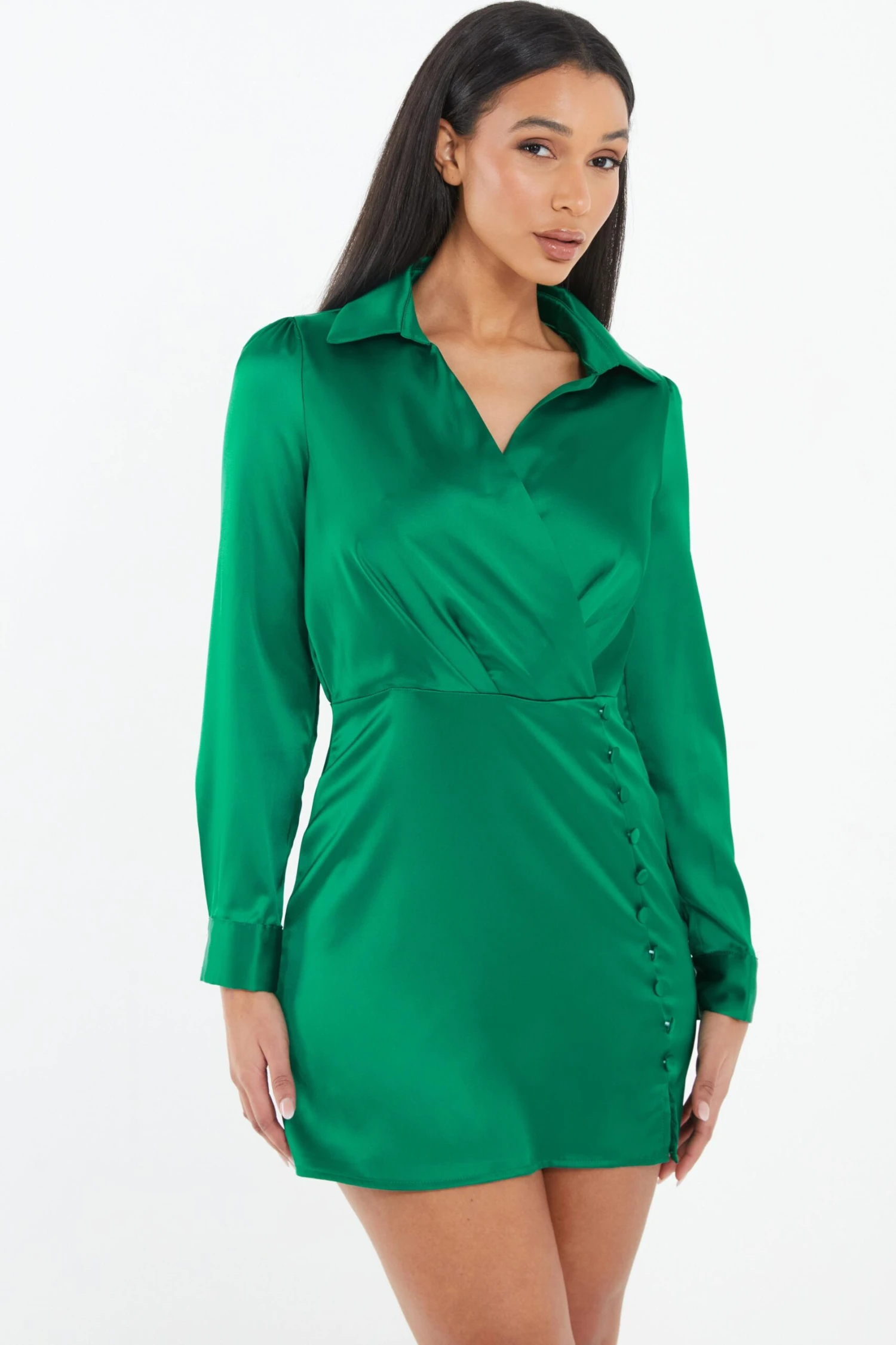 Green Satin Button Mini Shirt Dress 2 Green Satin Button Mini Shirt Dress - Image 2