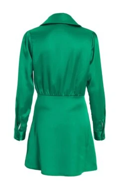 Green Satin Button Mini Shirt Dress 10 Green Satin Button Mini Shirt Dress -Women Clothing Sales Store 00100037100 ZB