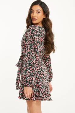 Petite Black Ditsy Floral Wrap Mini Dress -Women Clothing Sales Store 00100037111 XB