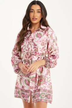 Petite Pink Paisley Print Mini Shirt Dress 7 Petite Pink Paisley Print Mini Shirt Dress -Women Clothing Sales Store 00100037127 XM