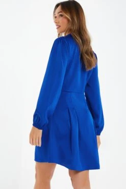 Royal Blue Satin Button Shirt Mini Dress 8 Royal Blue Satin Button Shirt Mini Dress -Women Clothing Sales Store 00100037135 XB