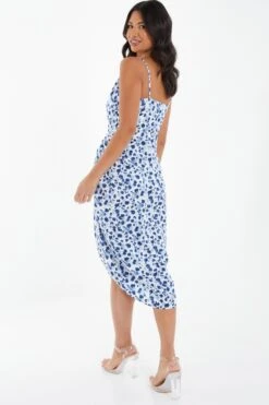 Blue Satin Animal Print Ruched Midi Dress 8 Blue Satin Animal Print Ruched Midi Dress -Women Clothing Sales Store 00100037160 XB