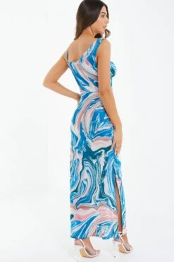 Petite Blue Satin Marble Print Midaxi Dress -Women Clothing Sales Store 00100037193 XB